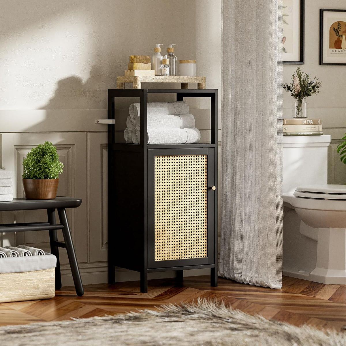 Bamboo Floor Rattan Cabinet, Small Bathroom Storage Organizer Rack with 1 Door and 1 Shelf, Space Saving Wood Kitchen Cupboard, Hallway Side Table, Living Room Freestanding Stand (Black)