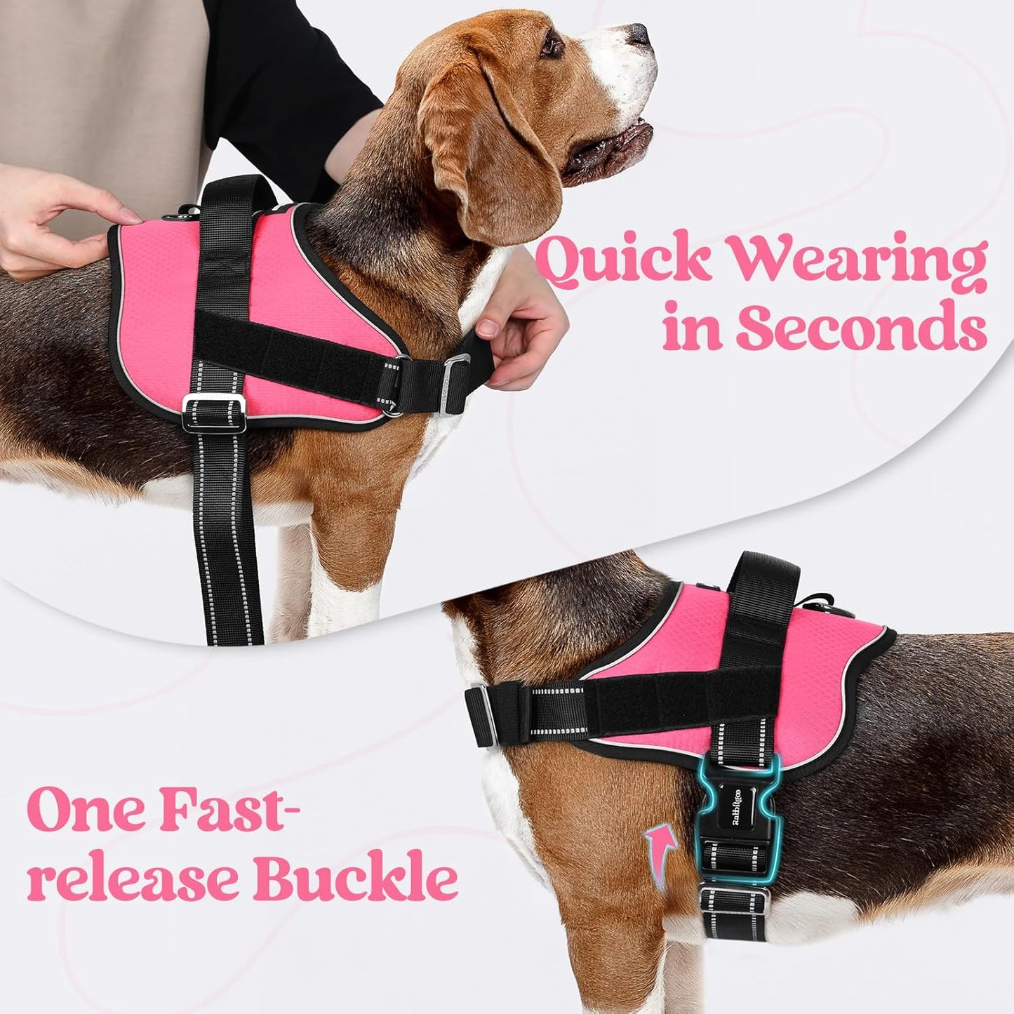 rabbitgoo Dog Harness for Large, Easy On Pet Vest with One Buckle, No Pull Adjustable Service Harness with D-Ring & Handle, Reflective for Safety Walking, Training, Pink, L