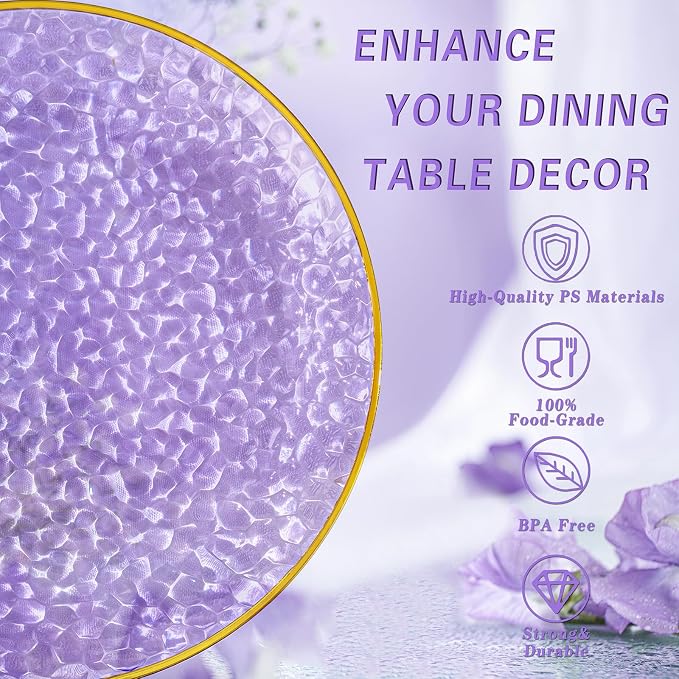 Rubtlamp 100Pcs Plastic Purple Dinner Plates, Heavy Duty 10 Inch Gold