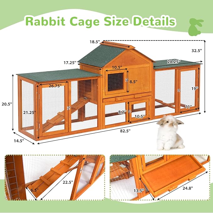 82.5” Large Wooden Rabbit Hutch Outdoor Easy to Assemble Rabbit Cage and Durable Bunny Hutch Indoor with Cleaning Tray & Waterproof Roof for Small and Medium Bunny Rabbit Chick (Orange)