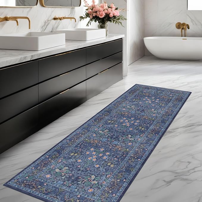 Dark Blue Washable 2x7 Runner Rug Non Slip