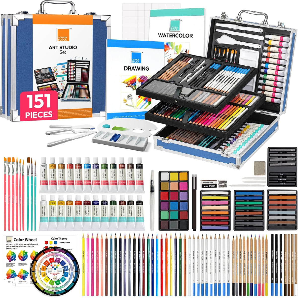 COLOUR BLOCK 151-Piece Professional Art Supply Set with Mixed Media, Paint Kit & Brushes in Aluminum Case, Complete Art Supplies for Adults, All Level Artists, Travel Art Set