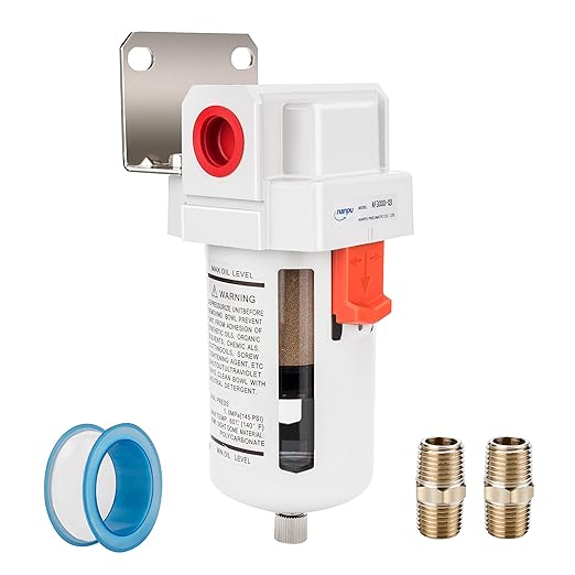 NANPU 3/8" NPT Compressed Air Line Filter, 5 Micron Brass Element, Poly Bowl