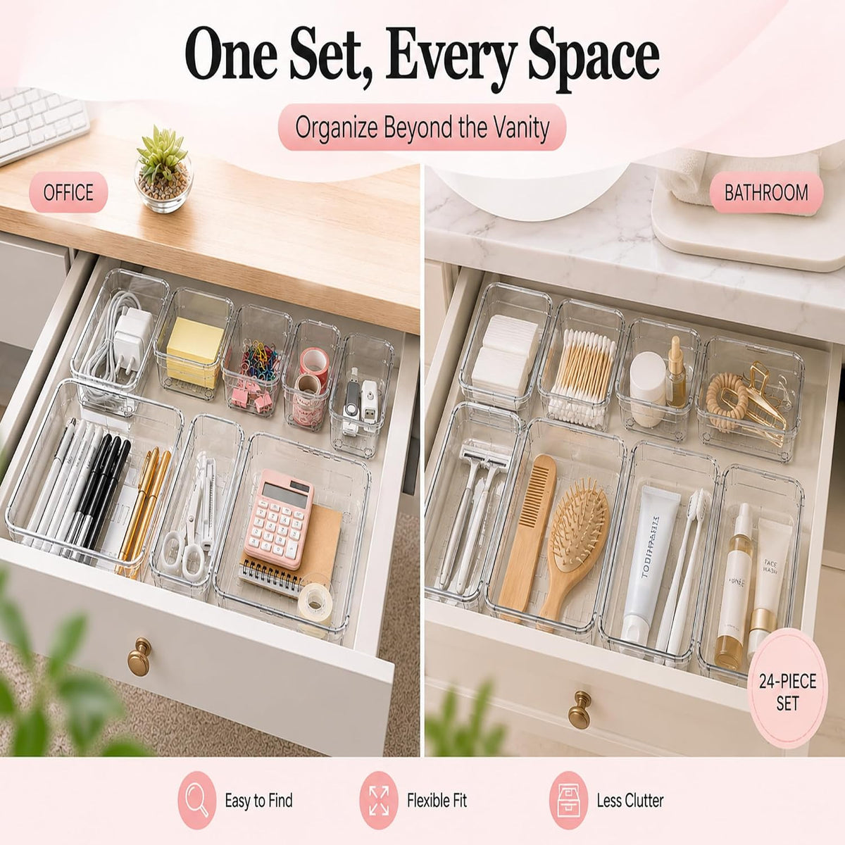 24 Pcs Clear Adjustable Drawer Organizer, 3-Size Expandable Desk Drawer Organizer Box, Acrylic Storage Bins for Makeup, Cosmetic, Kitchen Utensils, Bedroom Dressers Tool Organizer for Gadgets (24)