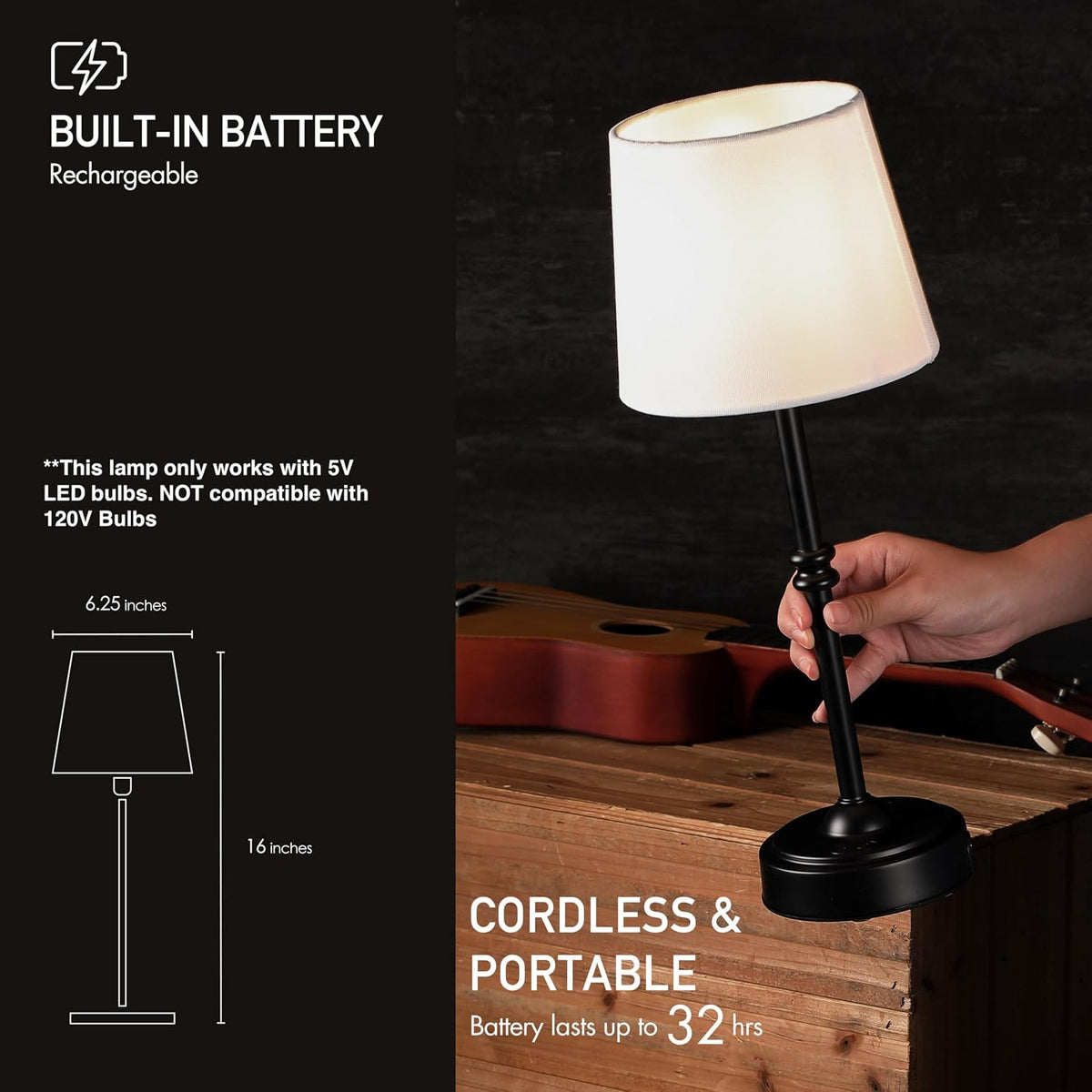 O'Bright Seraph Cordless Rechargeable LED Table Lamp, Black