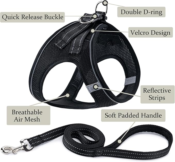 BOOMIBOO Dog Harness with Leash Set, No Pull Adjustable Reflective Step-in Puppy Pet Vest Harnesses for Small Medium Large Dogs and Cats,Black L
