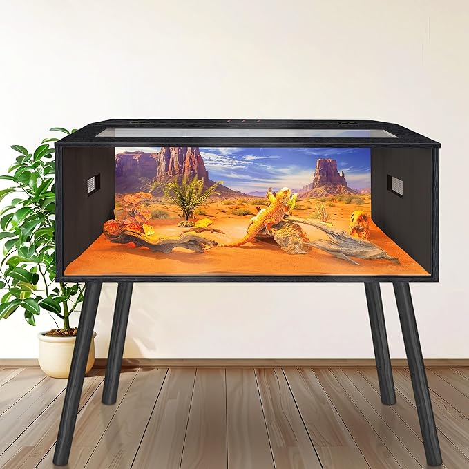 Prolee 80 Gallon Reptile Tank, Tempered Glass Bearded Dragon Tank with Wooden Roof and Lockable Doors, Large Lizard Habitat for Snakes, Iguanas, Chameleons (Black)