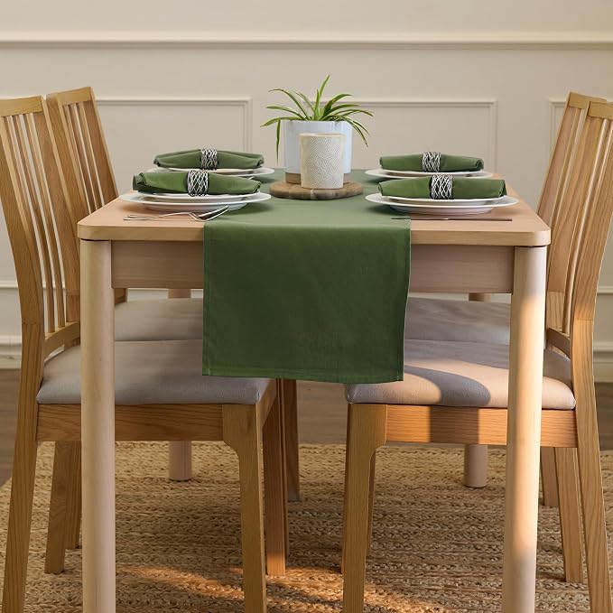 Encasa XO Table Runner, Cotton Canvas Dining Runner 13"x104" | Leaf Green
