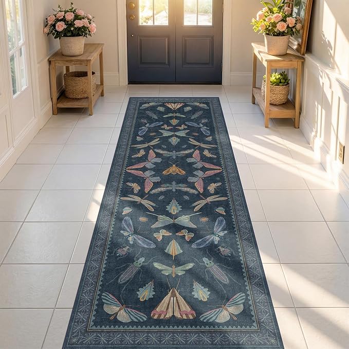 Vintage Dark Blue Insect Moth Runner Rug 3x8, Non Slip Washable Carpet