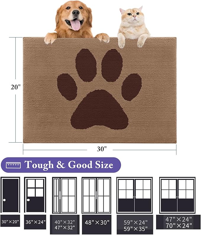 Buganda Dog Door Mat for Muddy Paws, Absorbent Dirt Trapper Non Slip Indoor Doormats, Washable Low-Profile Mat for Mud Dogs, Entryway Carpet for Inside Floor (30x20 Inches, Beige)