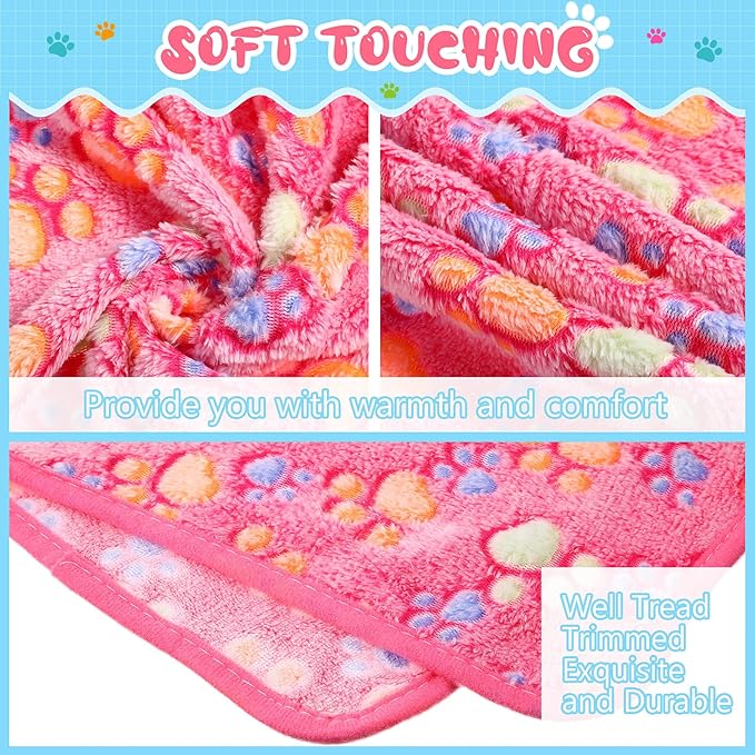 Tatuo 4 Pcs Dog Blanket for Pet Cat Blankets Indoor Puppy Teething Stuff Toys Paw Print Fleece Soft Blanket Sleep Mat for Guinea Pig Cage(Pink,Medium(30 x 20.5 Inch),Square)