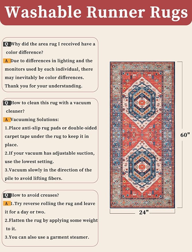 SERISSA Boho Washable Runner Rug, 2x5 Non-Slip Vintage Rust Hallway Kitchen