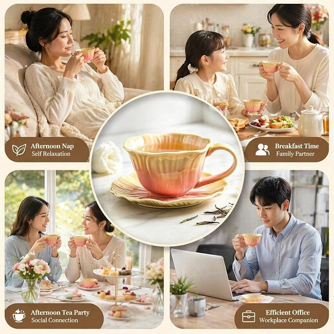 10 oz Tea Cups and Saucers, Flower-Shaped Ceramic Latte Art Cappuccino Cup and