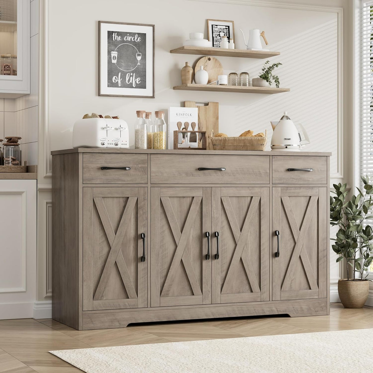 HOSTACK Kitchen Buffet Sideboard Storage Cabinet, Coffee Bar Cabinet, Grey