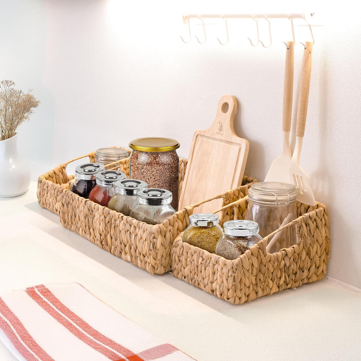 KOKODO Rectangular Wicker Storage Baskets for Shelves, Set of 3 Water Hyacinth Woven Bins with Handles, Open Front Pantry Shelf Organizer for Closet, Bedroom, Boho Decorative, Natural