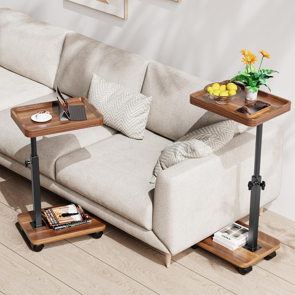 C Table with Wheels, Adjustable Height, 360° Swivel Bed Tray Table