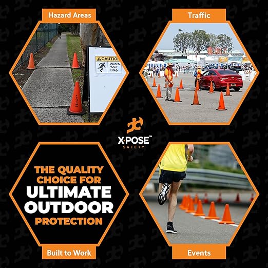 Xpose Safety 12 Inch Orange Traffic Cones, 12-Pack - Multipurpose PVC Plastic Safety Cone for Parking, Soccer, Caution, Kids and Construction - DOT Approved