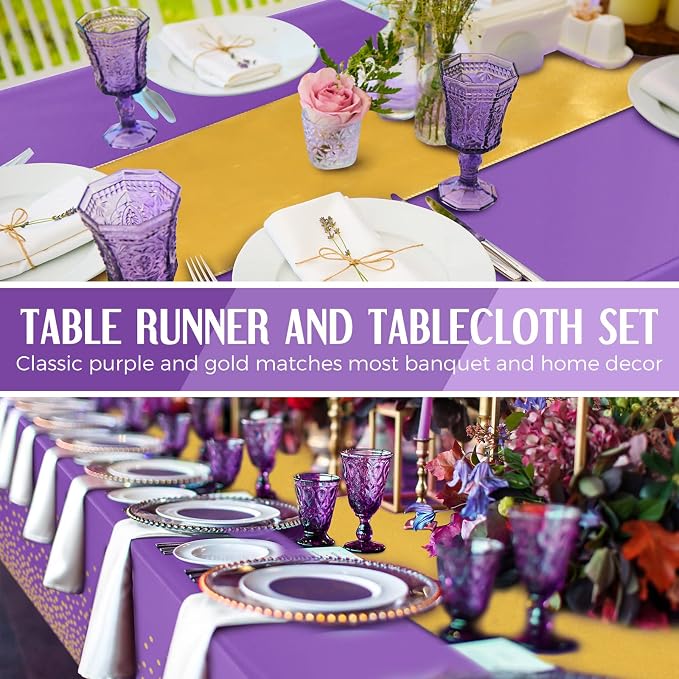 24 Pack Purple and Gold Disposable Plastic Tablecloths and Satin Table Runner