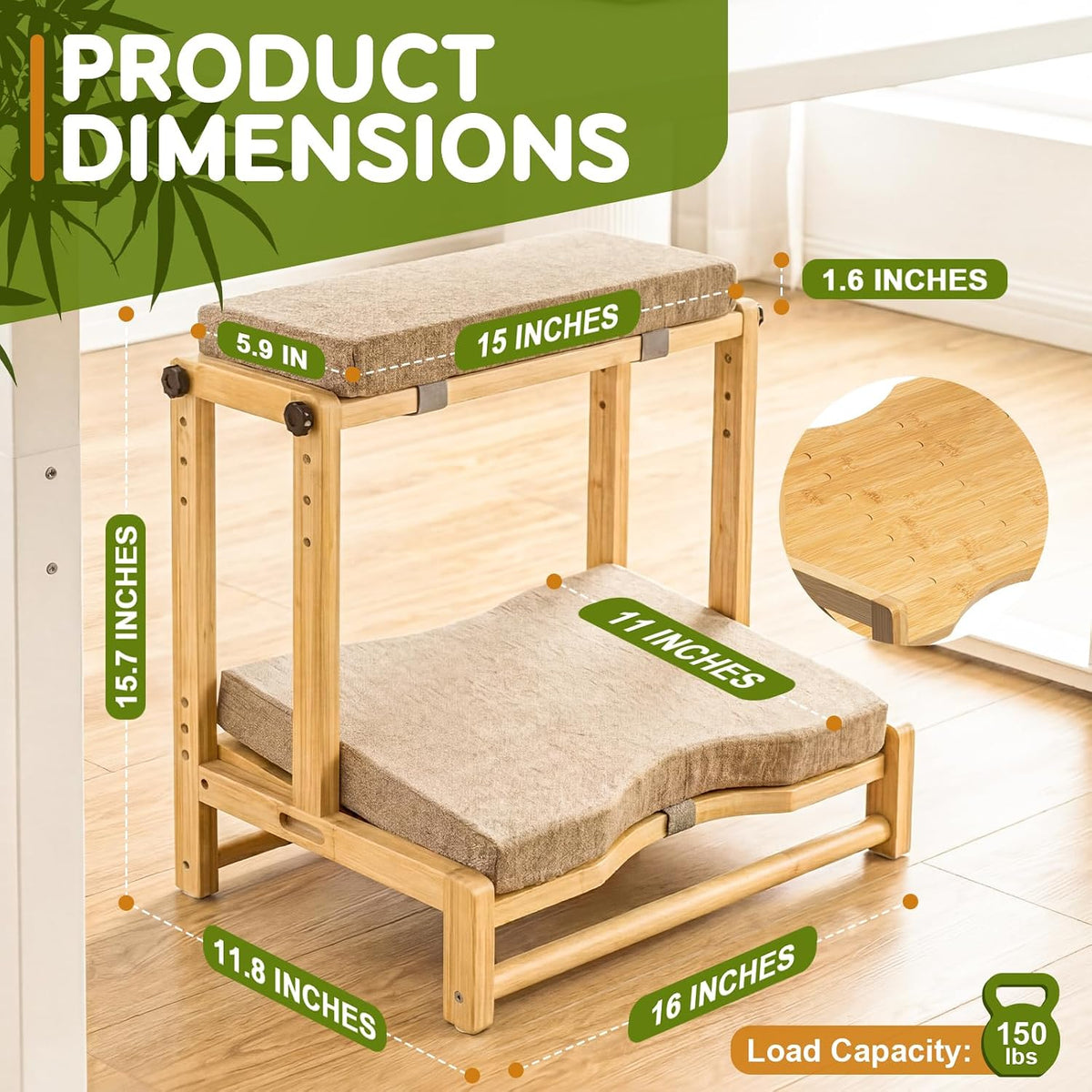 Adjustable Wooden Under Desk Footrest, Ergonomic Double Step Desk Foot Stool with Removable Cushion,Adjustable 4 Heights Leg Rest, Wide Foot Rest Under Desk Ideal for Office, Gaming, and Study