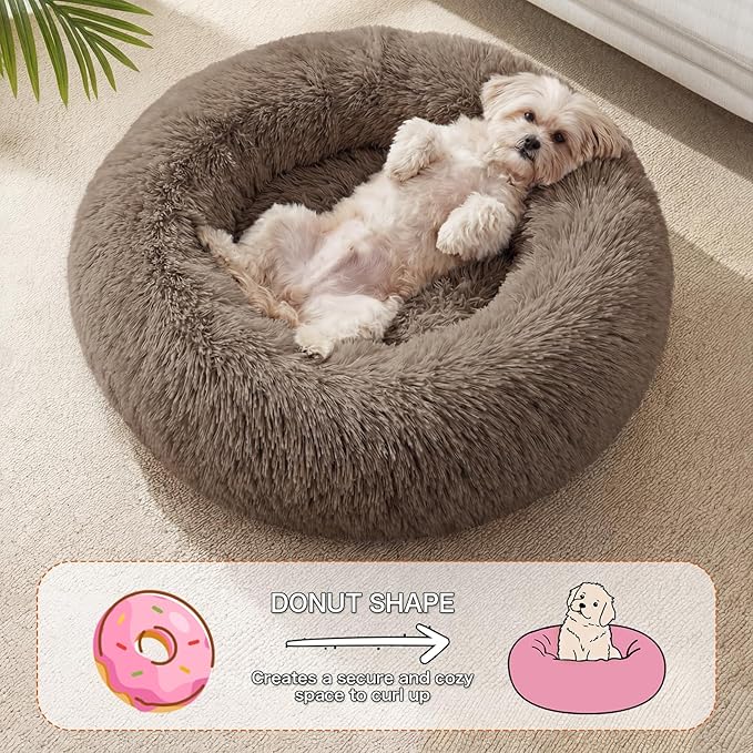 Calming Dog Bed, 20" x 20" x 6" Fits Cat & Dog, Anti-Slip Round Washable Faux Fur for Doze Off, Napping Orthopedic, Khaki