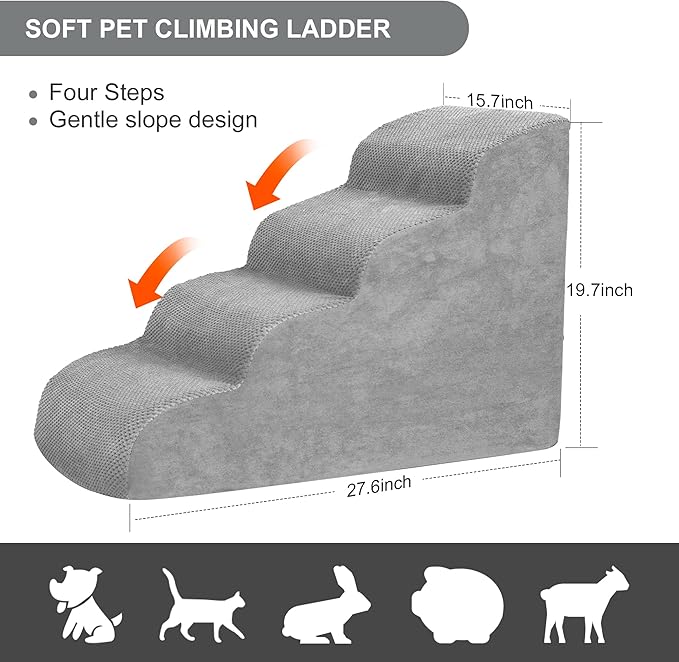 Dog Stairs for Small Dogs, High Density Foam Dog Steps, Extra Wide Non-Slip Pet Ramp for High Beds Or Couch, Soft Doggie Ladder for Dogs Injured, Older Pets, Small Cats (Fleece-Gray, 4 Steps)
