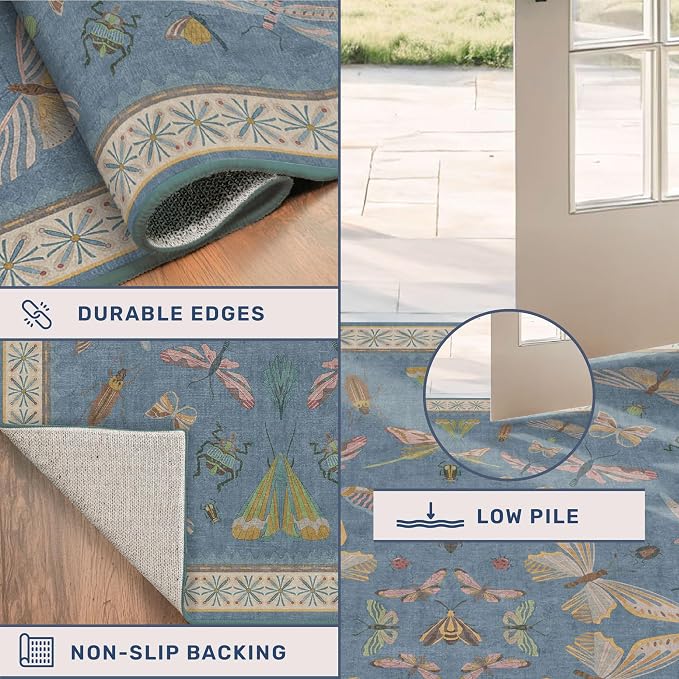 Blue Vintage Insect Runner Rug for Hallway 3x12, Washable Non Slip Kitchen Sink