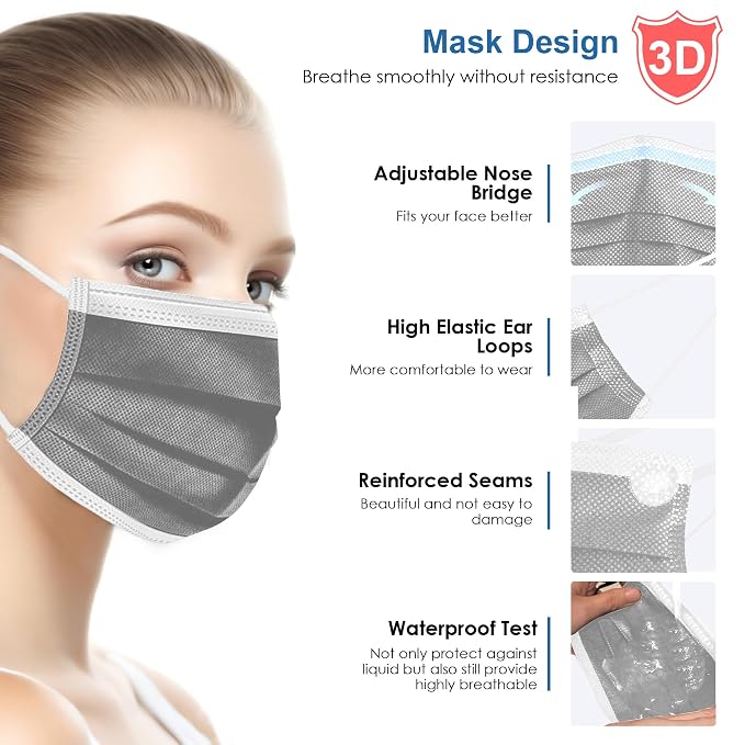 NNPCBT Grey Disposable Face Masks 125 Pack, 3-Ply Breathable Mask
