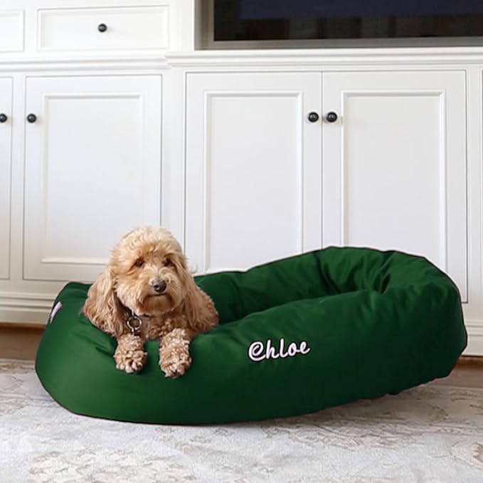 Majestic Pet Personalized Bagel Calming Dog Bed - Washable, Cozy Soft Round Dog Bed with Spine Support - 32x23x7 (Inch) - Medium - Green