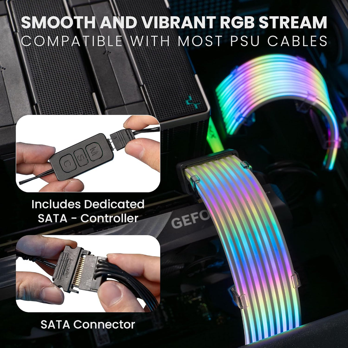 TECWARE Flex RGB Cable Cover Kit | Compatible with 24-Pin Motherboard and 8-Pin/16-Pin GPU | ARGB PSU Cable Extension with 5V 3-Pin Sync | RGB Lighting Kit for PC Cables | White