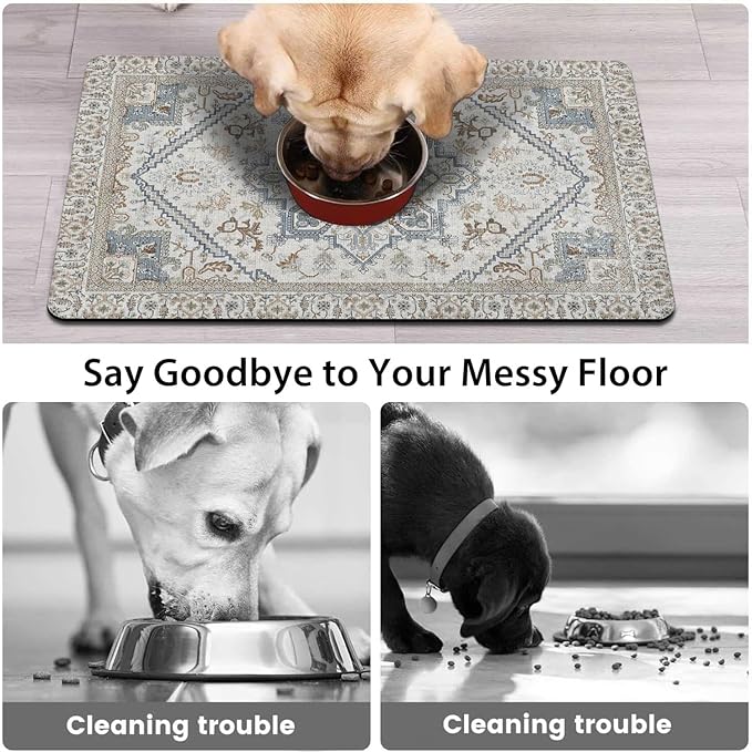 2 Pack Dog Food Mats for Floors, Absorbent and Quick-Drying Pet Cat Food Mat,Anti-Fouling and Easy-to-Clean Pet Feeding Mat,Dog Bowl Mat for Messy Drinking Water Bowls.12 x20+18"x24", Bohemia Style