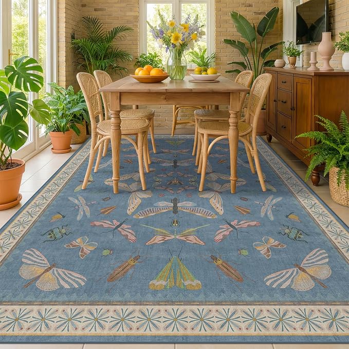 Washable 7x9 Area Rug for Living Room, Dusty Blue Modern Boho Carpet for