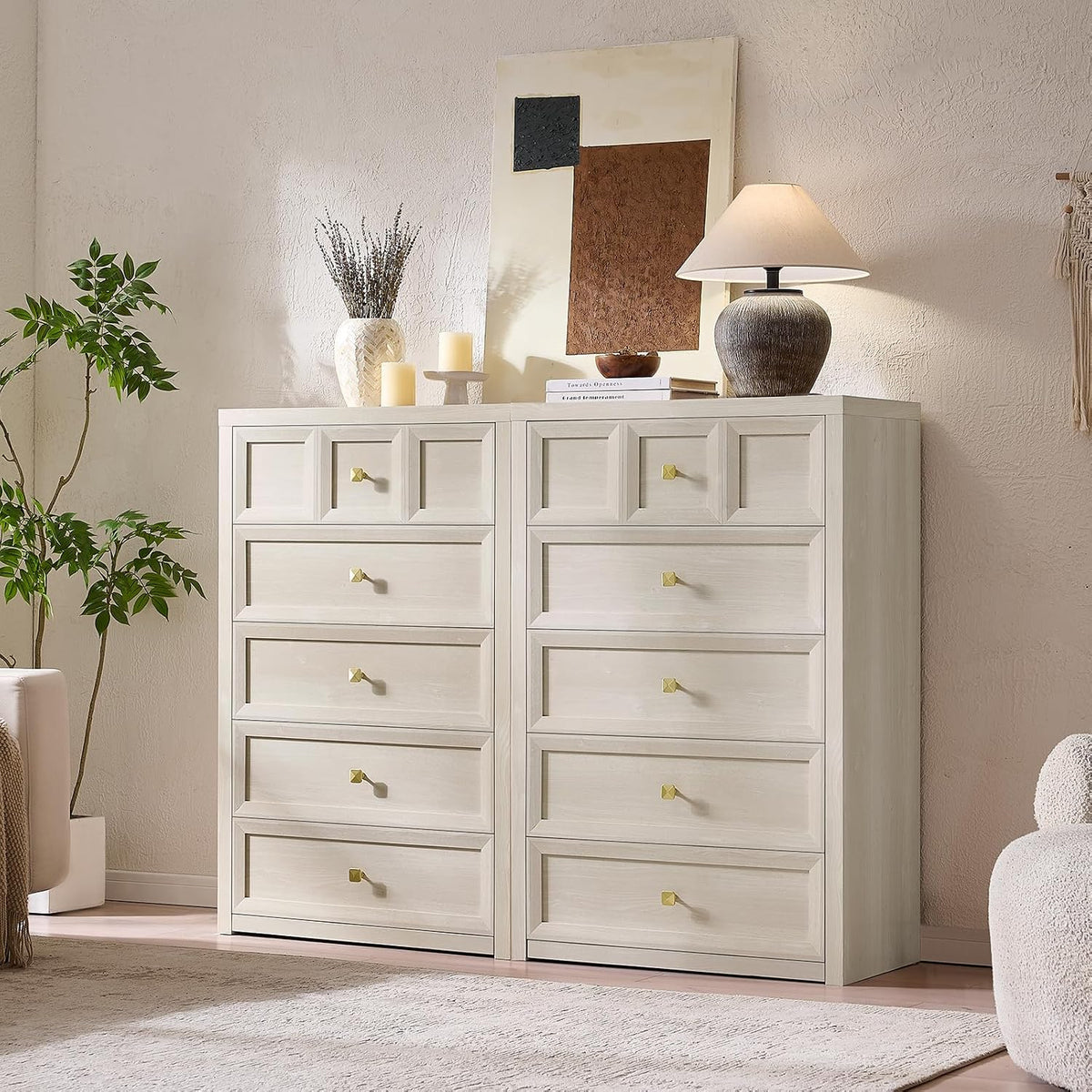 5 Drawers Dresser for Bedroom, 45.7" Tall Large Dresser & Chests of Drawers with Metal Handle, Clothes Storage Organizer Dresser w/Natural Texture for Bedroom, Living Room-Grey White