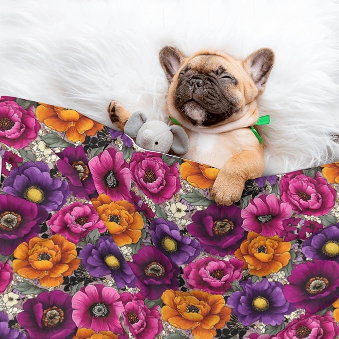 Waterproof Dog Blanket Soft Pet Blanket for Puppy Cat, Fleece Cat Throw Blankets for Furniture Bed Couch Sofa Reversible - Retro Florals Purple 4