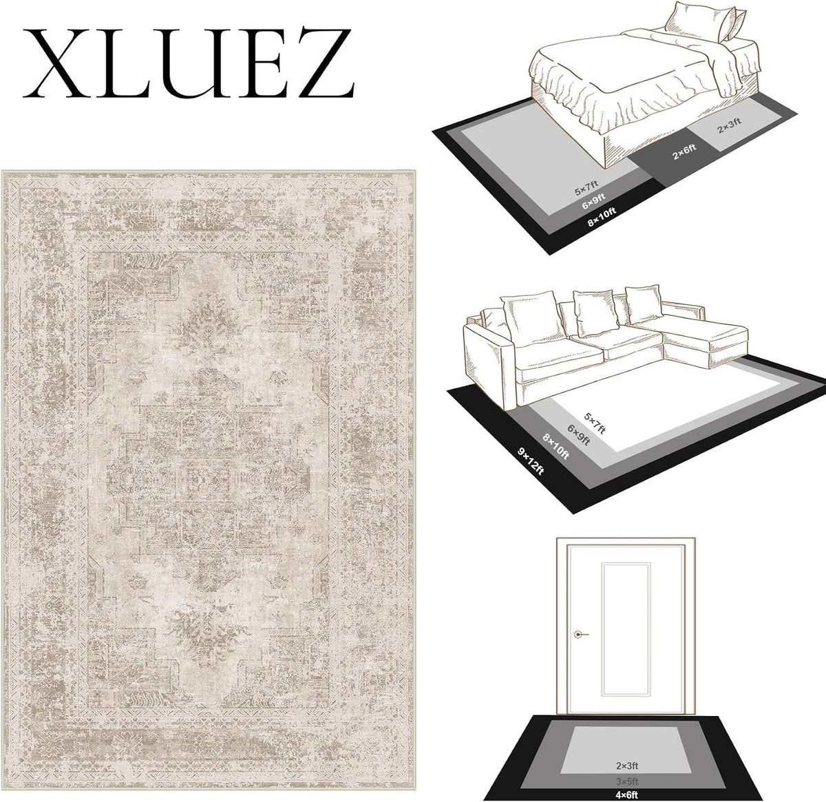 XLUEZ Area Rug 8x10 Living Room Rug, Machine Washable Vintage Distressed Medallion Rug Non-Slip Soft Low Pile Large Indoor Rugs for Bedroom Kitchen Dining Room Office(Brown,8'x10')