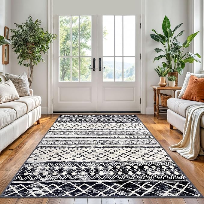 KUTA Morocca Area Rug 5x7 Black Navy Blue, Washable Boho Living Room Rugs