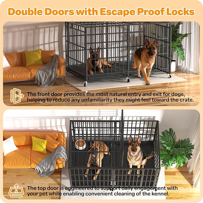 78 Inch Heavy Duty Dog Crate, Indestructible Escape-Proof Dog Kennel for High Anxiety Large Dogs, Strong Metal Pet Cage with Double Doors, Lockable Wheels & Removable Tray, XL XXL XXXL