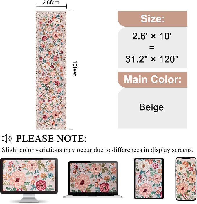 DUKINO Runner Rug for Hallway, 2.6x10 Washable Floral Long Kitchen Rug