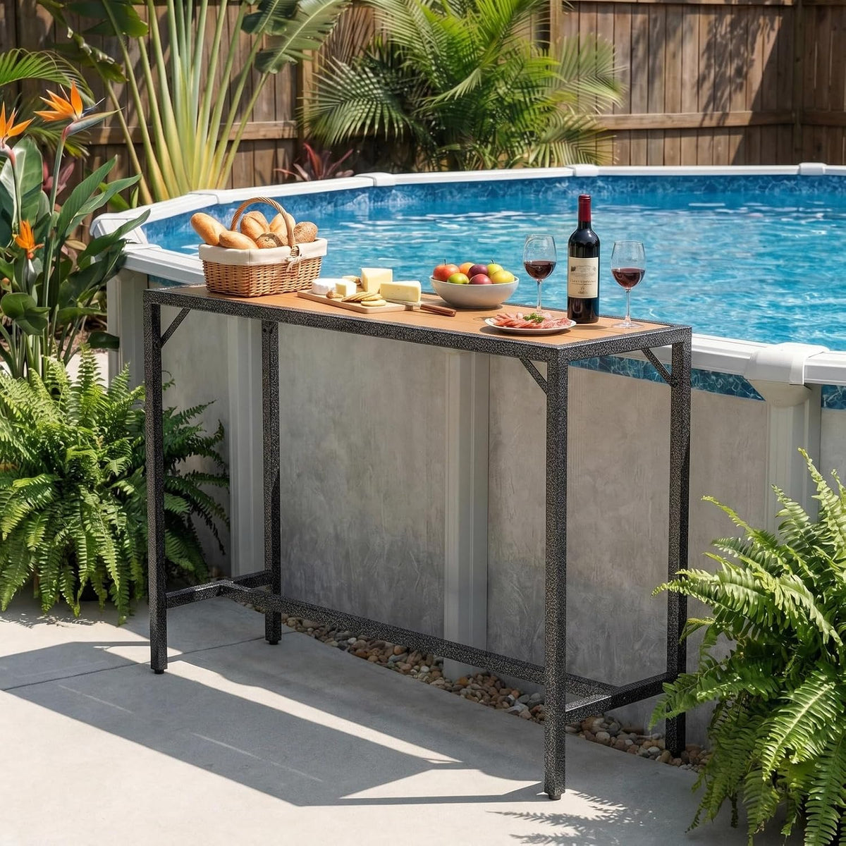 TLSUNNY 55" Patio Bar Table, Sturdy Outdoor Counter Height Table, Teak