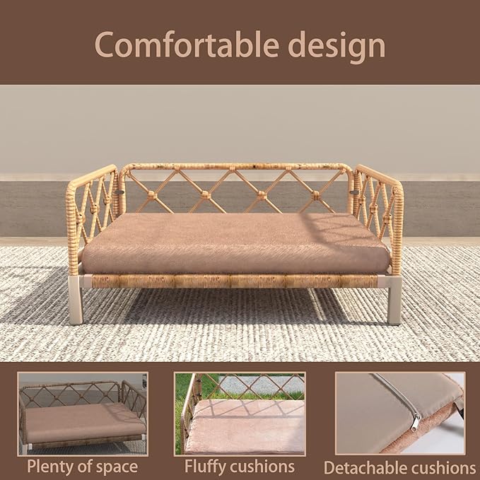 Elevated Waterproof Dog Beds for Large Dogs with Egg Crate Foam Support Pet Bed, Outdoor Dog Sofa Bed PE Wicker Orthopedic Pet Couch Bed with Washable Removable Cushion