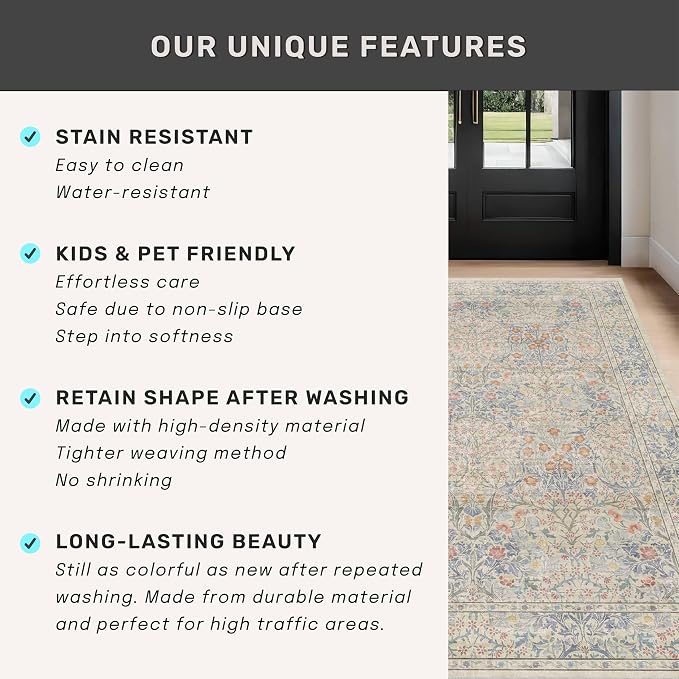 Beige Blue Washable 2x8 Runner Rug