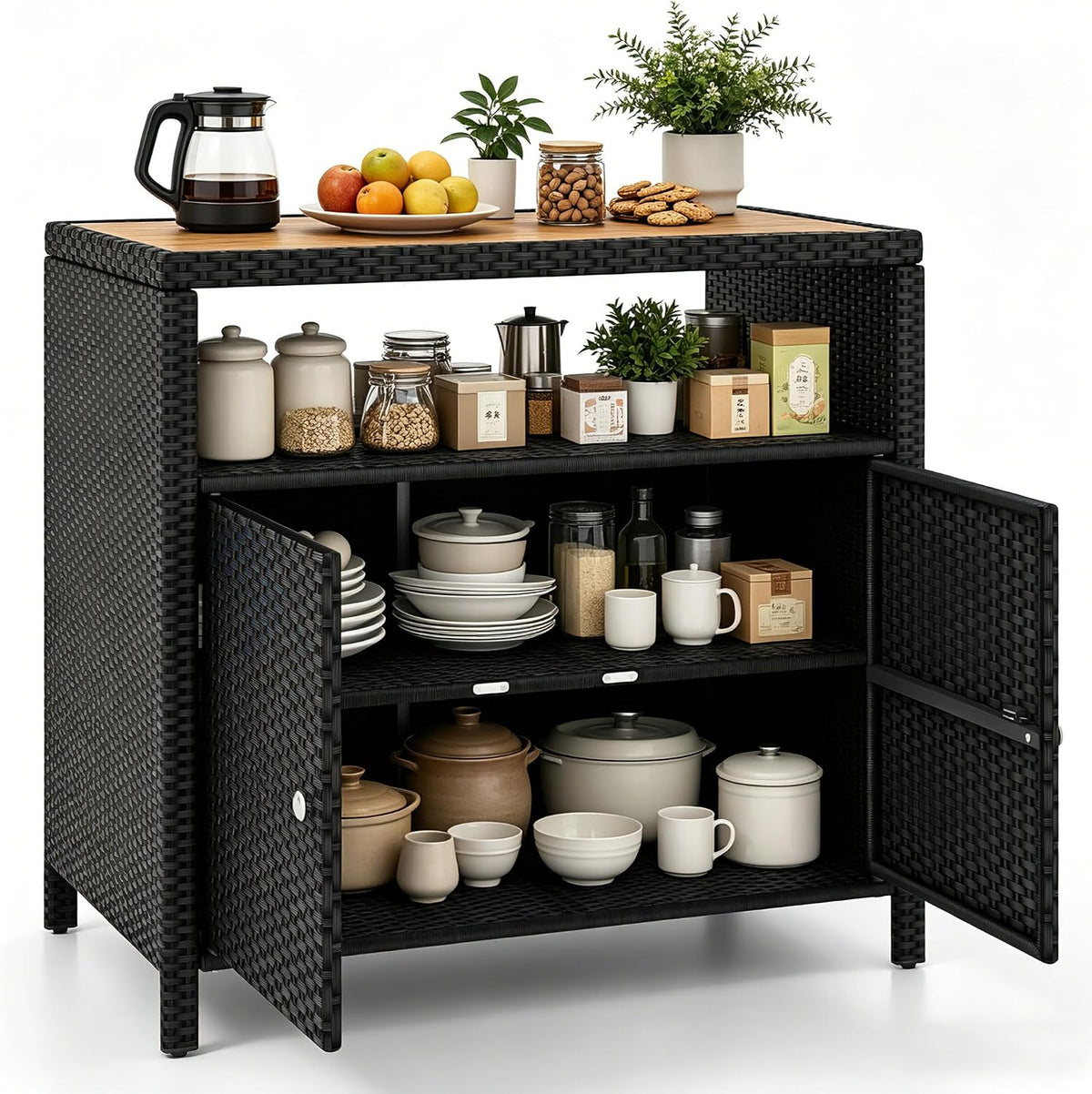 RELAX4LIFE Wicker Outdoor Bar Cabinet - PE Rattan Patio Bar Table