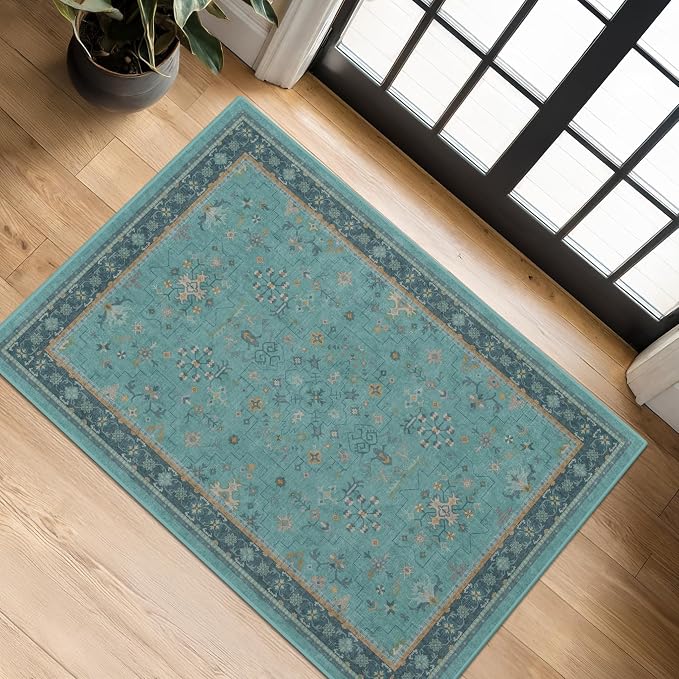 2x4 Washable Teal Throw Rugs for Entryway Indoor