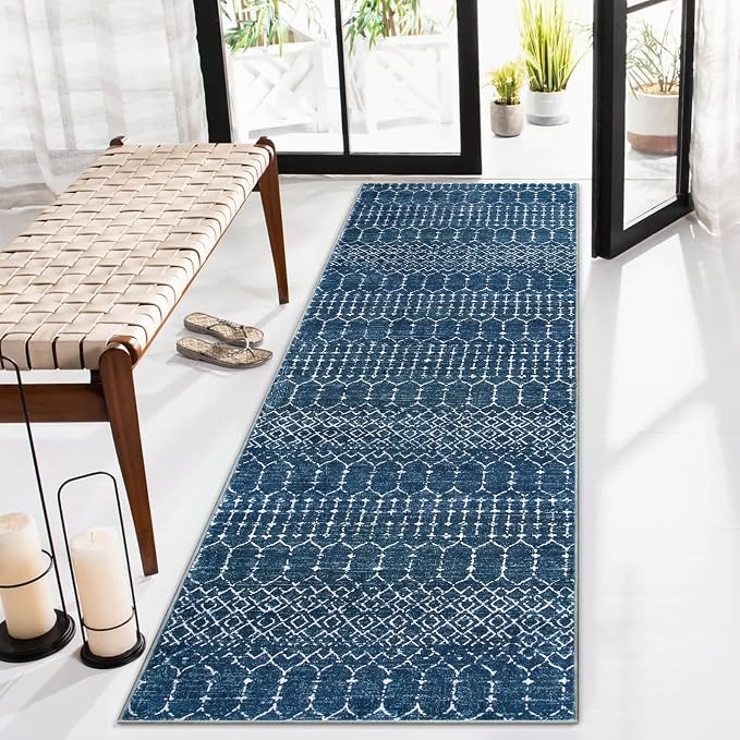 Lahome Moroccan Blue Runner Rug 2x6 Rug Non-Slip Stain Resistant Kitchen Rug