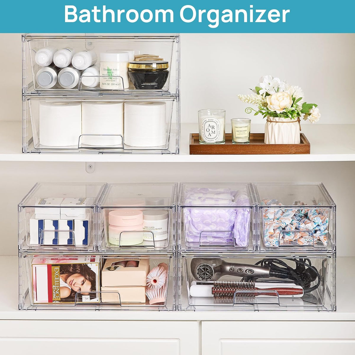 Vtopmart Clear Stackable Storage Drawers, 3 Pack Wide Organizer Set
