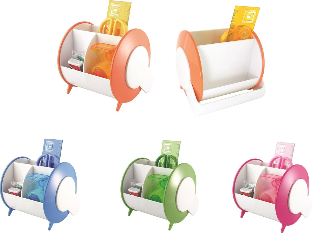 Exerz Ex8986 O-Life 90 Degree Rotary Desk Organiser with Stationery Set - Safety Scissors (Not Sharp), Rulers, Tape Dispenser, Eraser, Clips Included - Medium Size Stationery Organiser (Pink)
