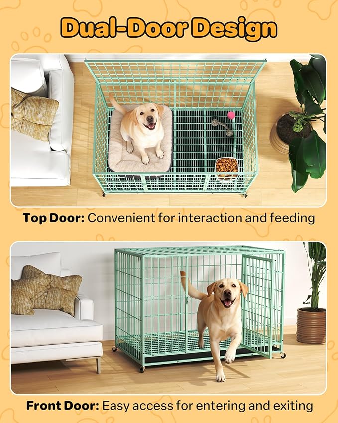 48 Inch Large Dog Crate, Escape Proof Dog Cage with Dual Door Lock and Swivel Casters,Removable Tray for Easy Cleaning, Dog Kennel Indoor Outdoor Use