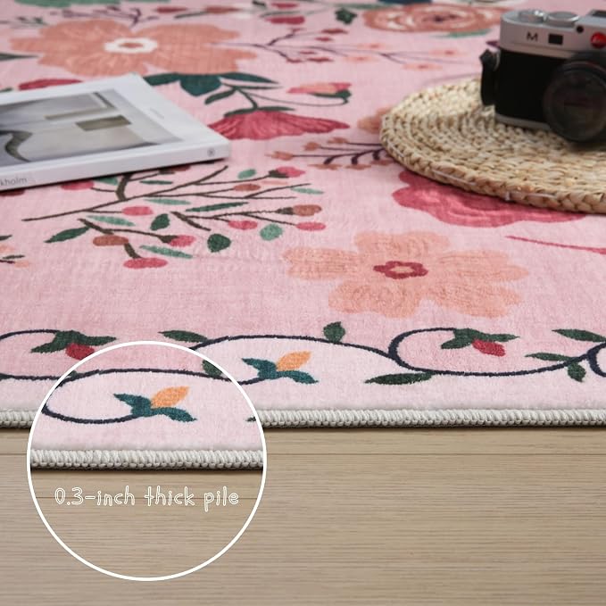 Rugcomf Round Rug 6ft Washable Circle Rug Non Slip Low Pile Boho Floral Small