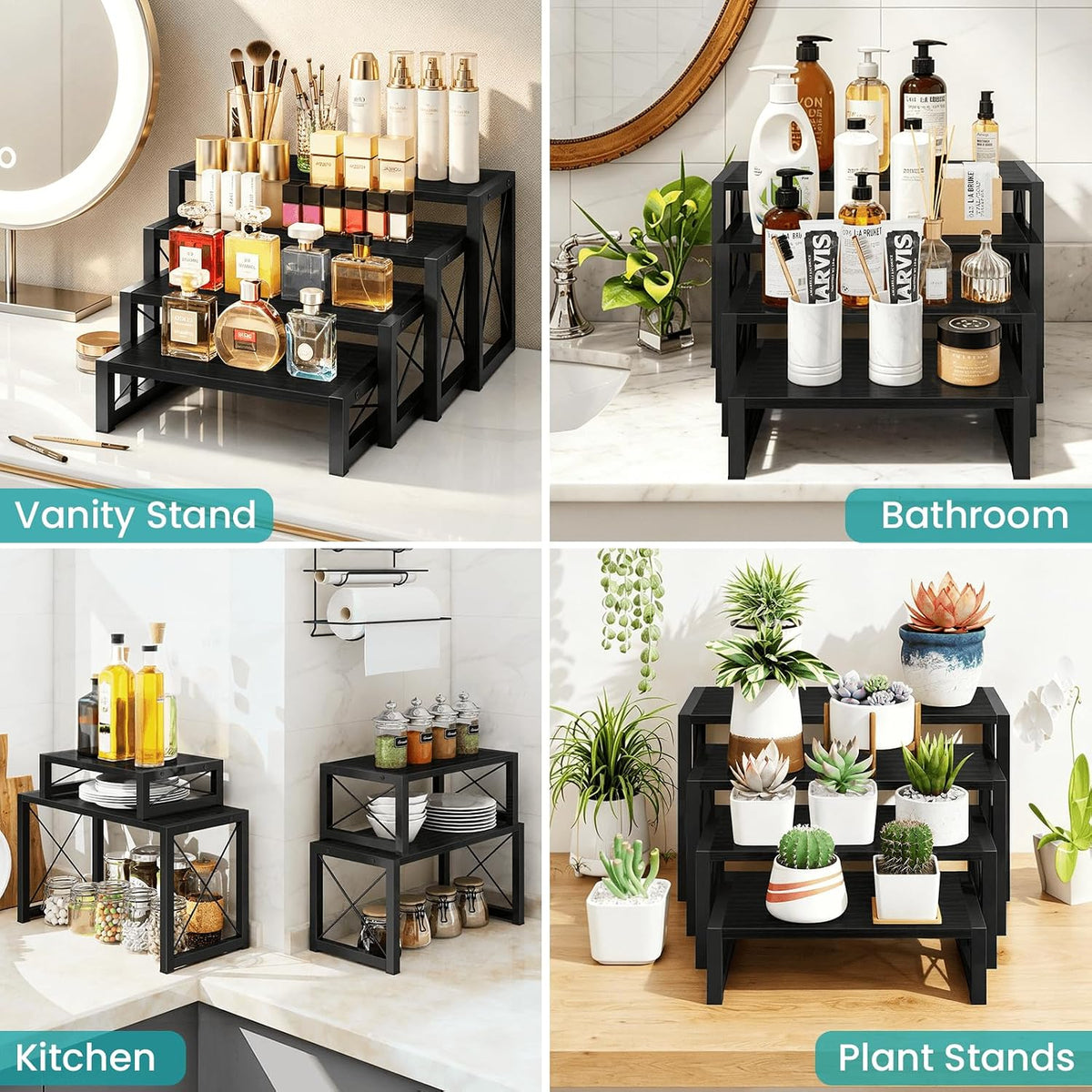 ELITEROO Wooden Risers Display Stands, 4 Tier Cupcake and Dessert Display Stand, Nesting Riser for Buffet Table for Cup Cake, Food, Collectibles, and Market Vendor Events Retail Shelf Organizer, Black