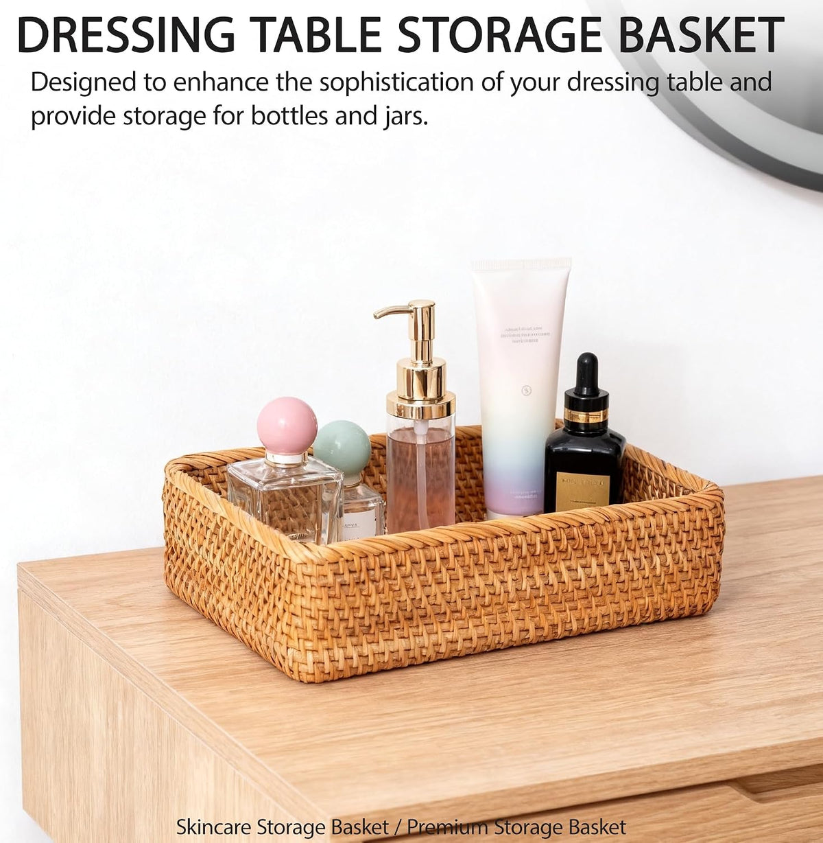 Rattan Storage Basket, Rectangular Desktop Organizer for Home