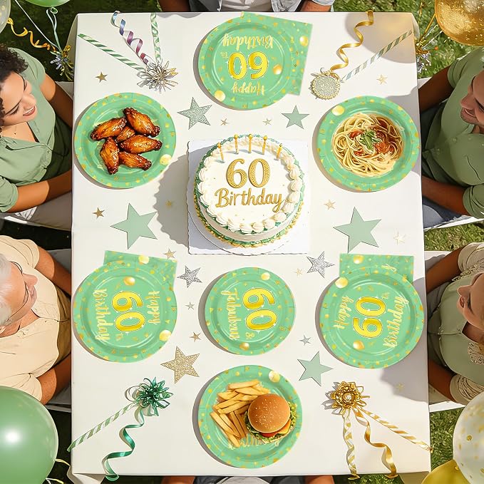 96 Pcs Sage Green Gold 60th Birthday Decorations Serves24 | 60th Birthday